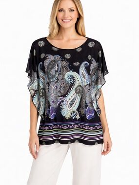 Boutique Black Paisley Tunic Top Luxe Stretch Flowing Fit L